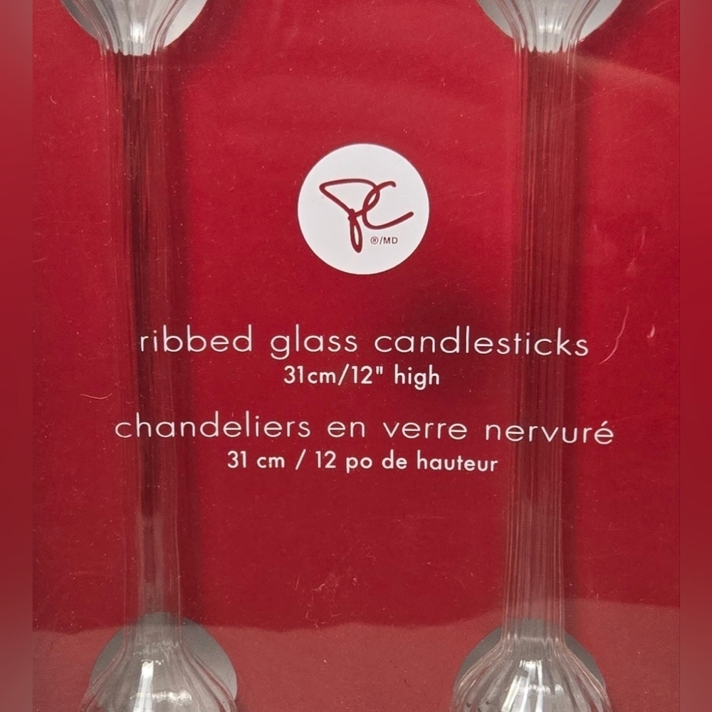 PC Y2K Ribbed Glass Candlesticks Set 12 Inch Clear Retro Table Decor - Picture 4 of 8